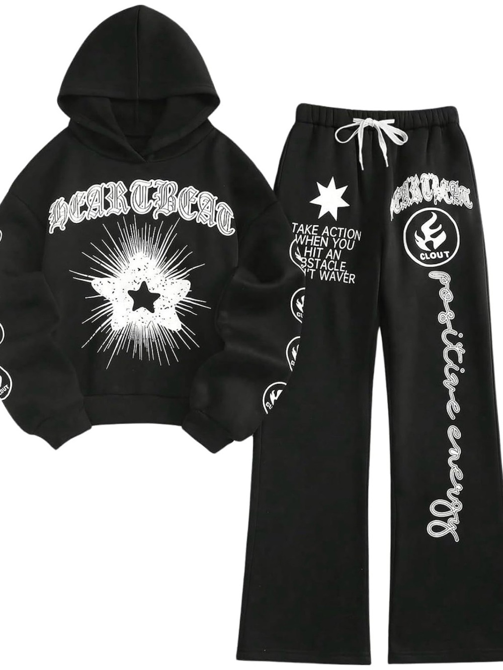 Black & White Graphic Hoodie & Wide Leg Sweatpants Bottoms Set Brand New